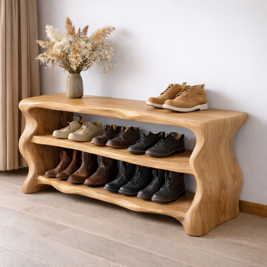 Solid Wood Entryway Bench with Shoe Storage – Rustic Live Edge Shoe Rack Bench Kitchnce