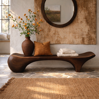Sculptural Solid Wood Bench, Organic Modern Entryway Statement Seat