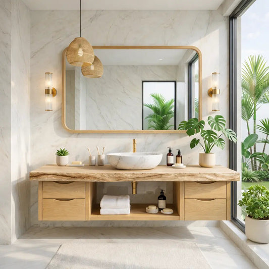 Floating Bathroom Vanity with Natural Wood, Modern Design, and Spacious Storage Kitchnce
