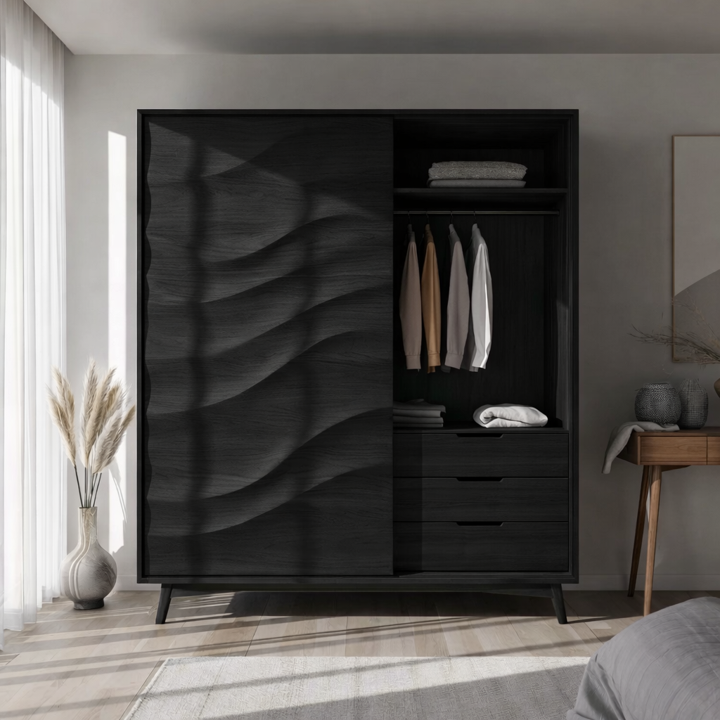 Solid Wood Wardrobe with Sculpted Wave Door – Modern Bedroom Closet with Drawers