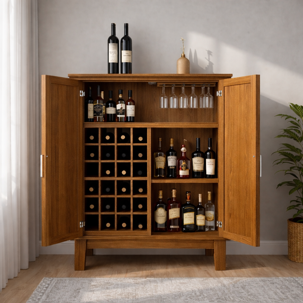 Solid Wood Wine Cabinet with Double Doors and Grid Bottle Storage