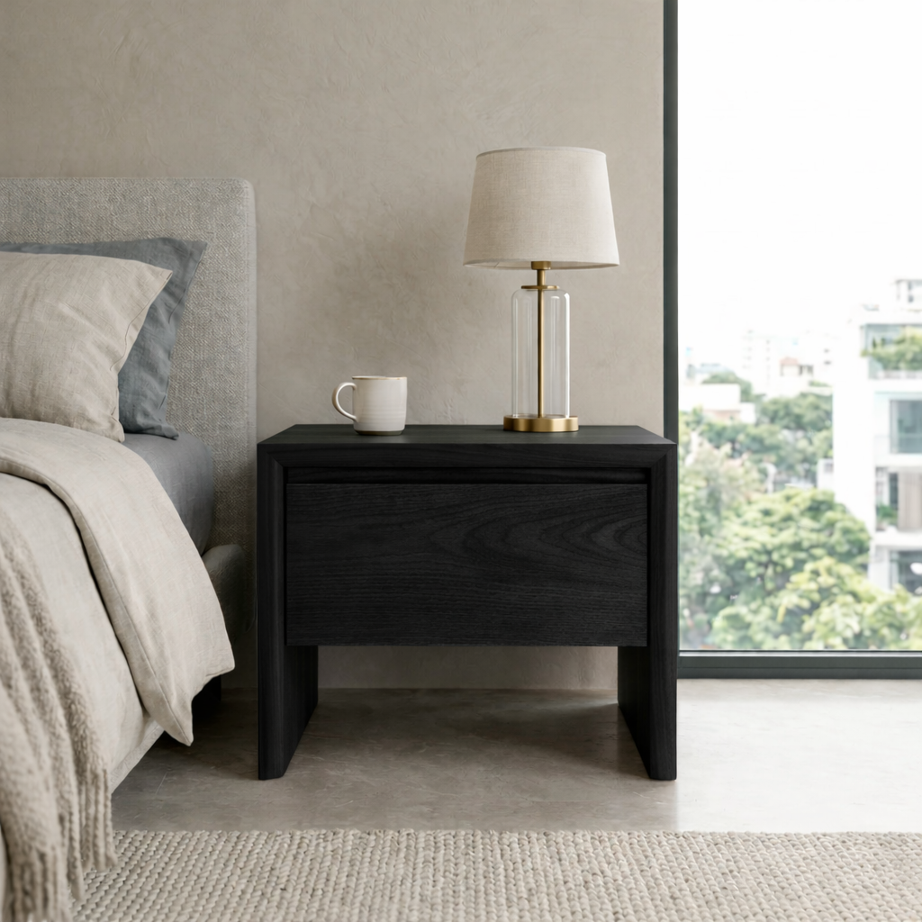 Minimalist Walnut Wood Nightstand | Modern Floating Drawer Table
