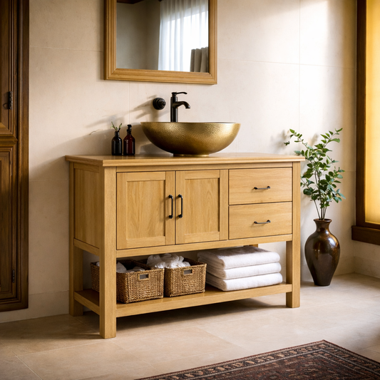 Solid Wood Bathroom Vanity with Drawers, Cabinet Doors & Open Shelf Storage