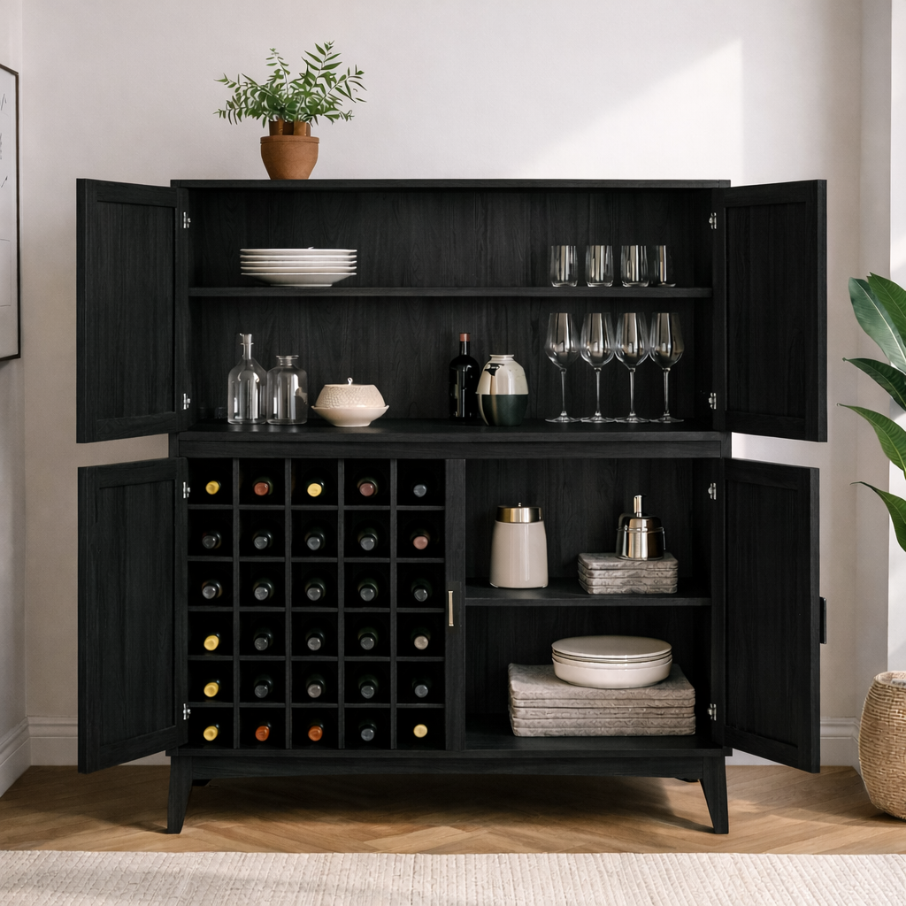 Handcrafted Solid Wood Wine Cabinet with Bottle Rack and Storage Shelves