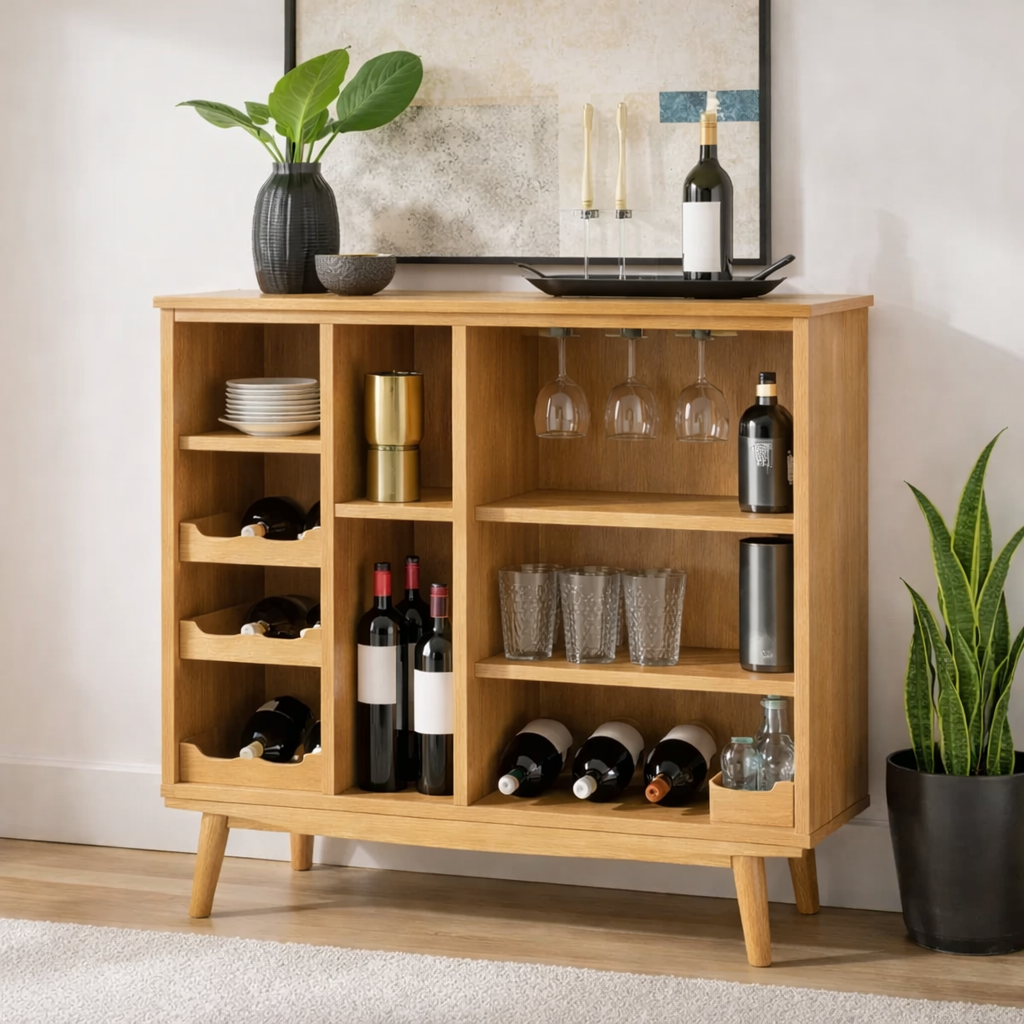 Solid Wood Wine Cabinet with Open Shelves and Glass Rack Storage Unit