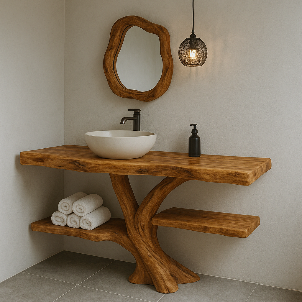 Handcrafted Solid Wood Bathroom Vanity – Natural Live Edge Design with Organic Curved Base Kitchnce