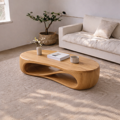 Solid Wood Sculptural Coffee Table with Curved Storage Shelf – Modern Living Room Table Kitchnce