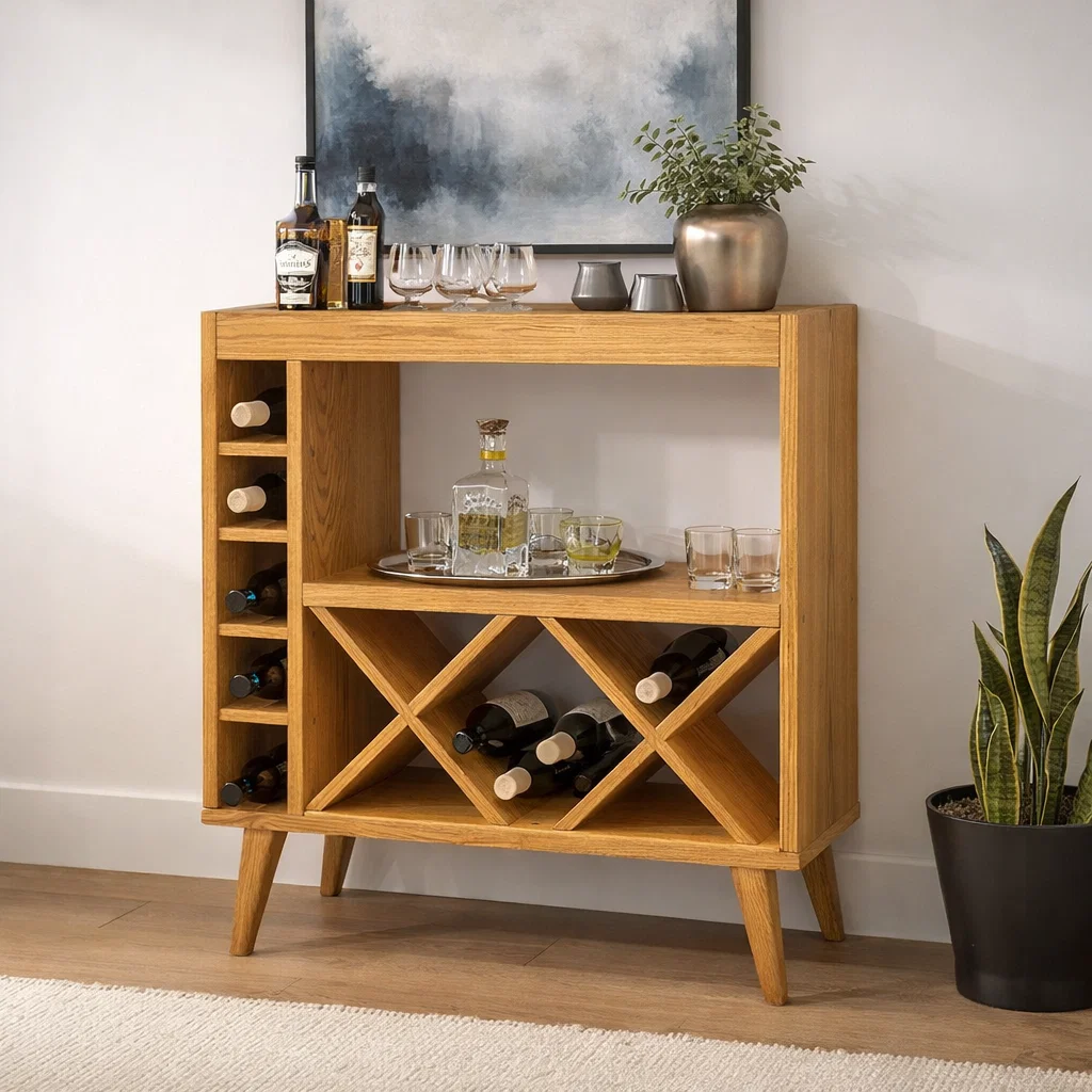 Solid Wood Wine Cabinet with X Rack and Open Shelf Storage