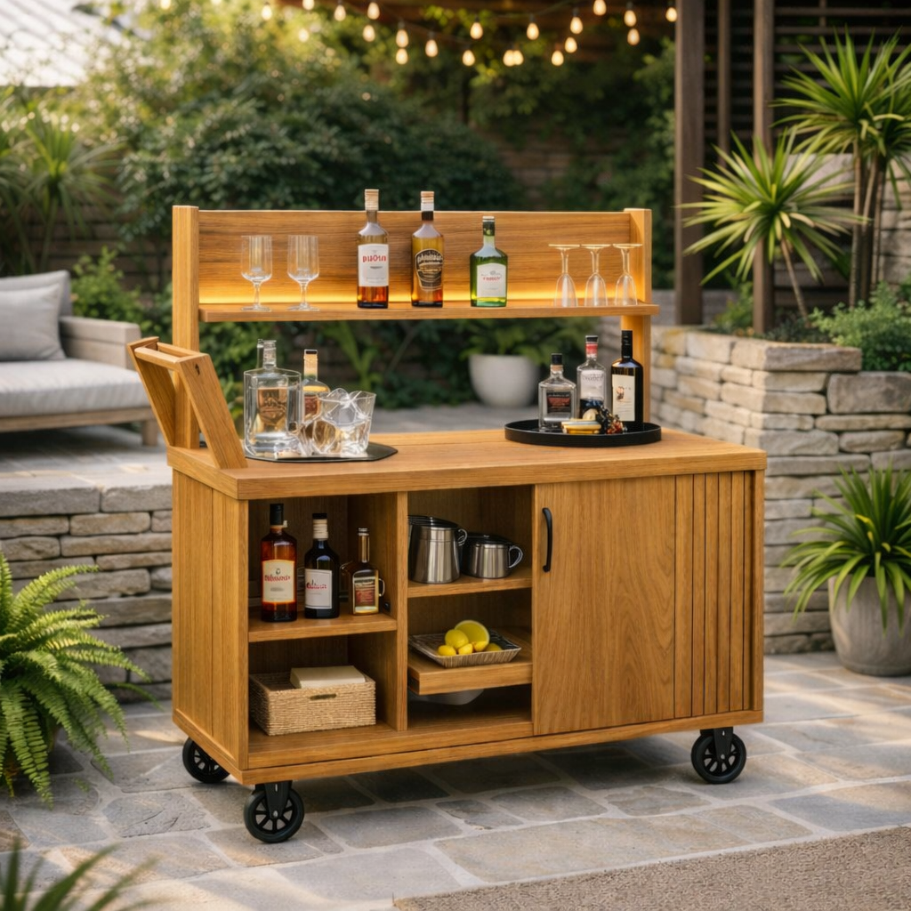 Solid Wood Outdoor Bar Cabinet Cart with Wheels & Storage Shelf – Patio Drink Station