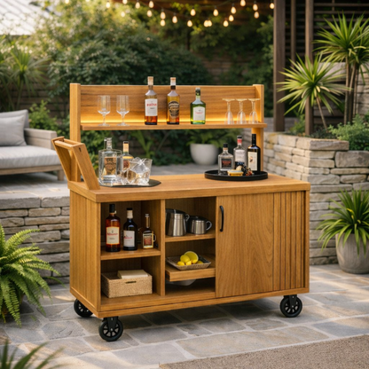 Solid Wood Outdoor Bar Cabinet Cart with Wheels & Storage Shelf – Patio Drink Station