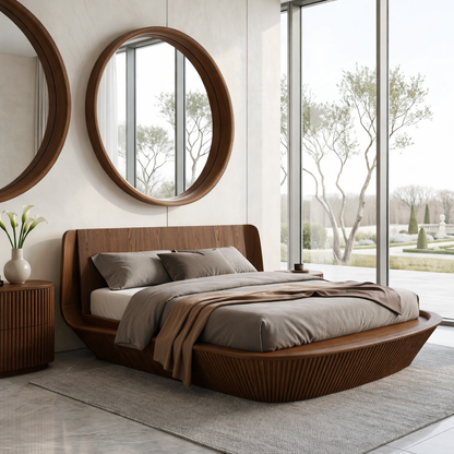 Modern Wooden Bed Frame with Curved Headboard and Low Profile Platform Style