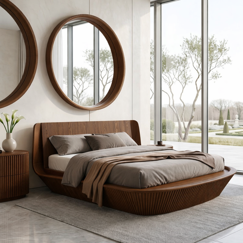 Modern Wooden Bed Frame with Curved Headboard and Low Profile Platform Style