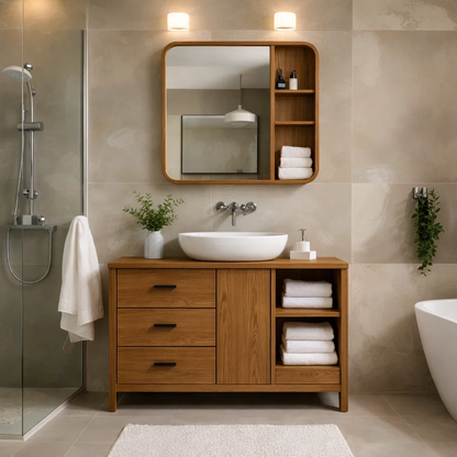 Solid Wood Bathroom Vanity Cabinet with Open Shelves & Drawers – Modern Design