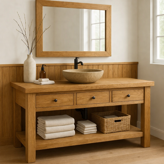 Rustic Solid Wood Bathroom Vanity with Vessel Sink – Modern Design with Storage Kitchnce