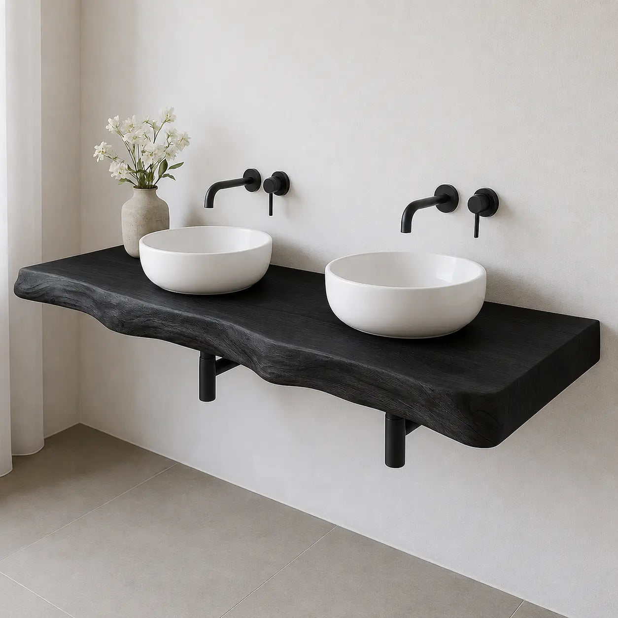 Double Sink Live Edge Vanity Shelf | Solid Wood Floating Bathroom Counter Kitchnce