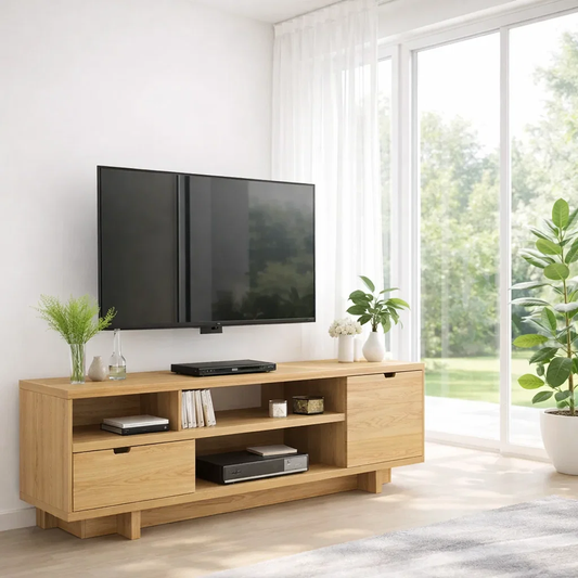 Solid Walnut TV Console with Storage & Open Shelves – Modern Media Unit