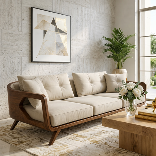Modern Curved Solid Wood Sofa with Beige Tufted Cushions Luxury Scandi Couch