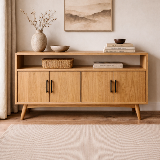 Solid Wood Console Cabinet with Open Shelf and 4 Doors – Modern Storage Sideboard
