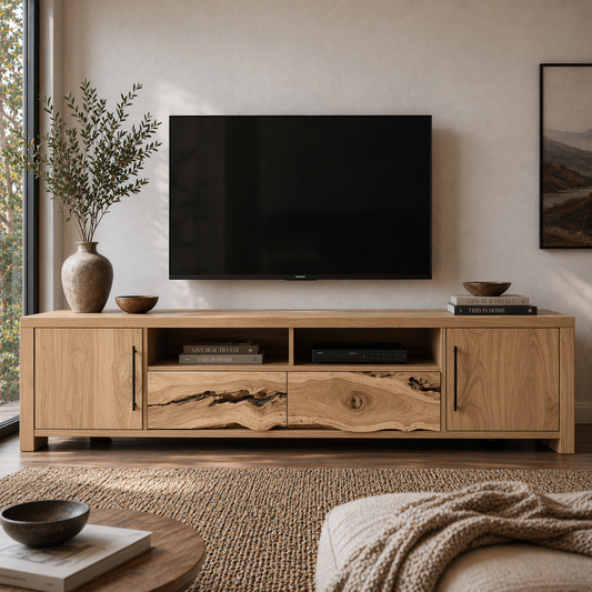Solid Wood Media Console with Live Edge, Rustic Modern TV Stand with Storage Doors