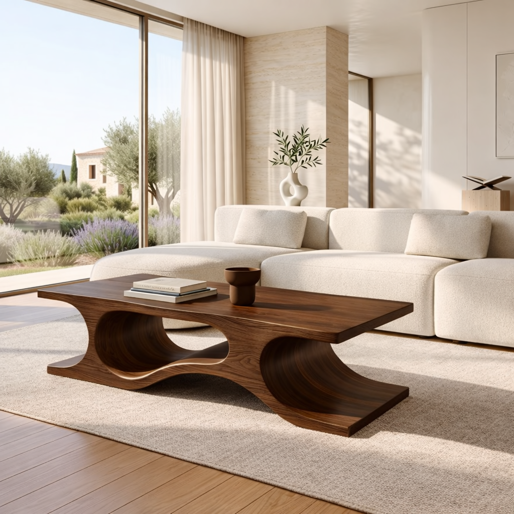 Organic Sculptural Coffee Table with Wave Base, Modern Minimalist Home Living Room Centerpiece
