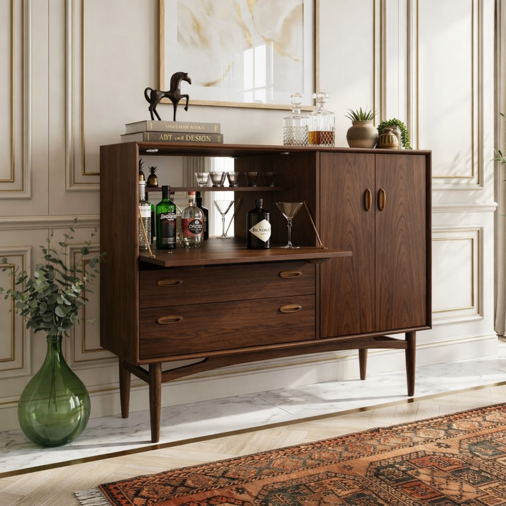 Contemporary Wooden Bar Cabinet, Stylish Mid Century Entertaining Console for Storage