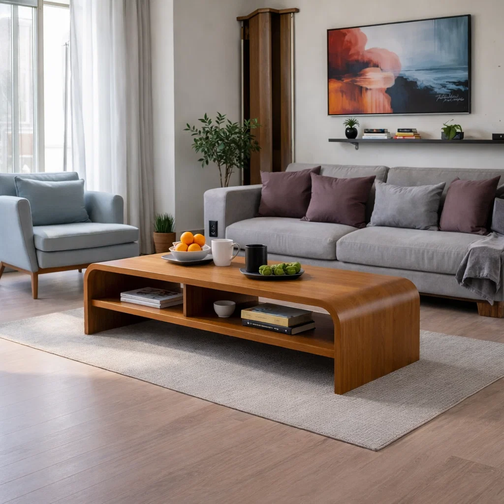 Solid Wood Waterfall Coffee Table with Open Shelf – Modern Minimalist Living Room Table