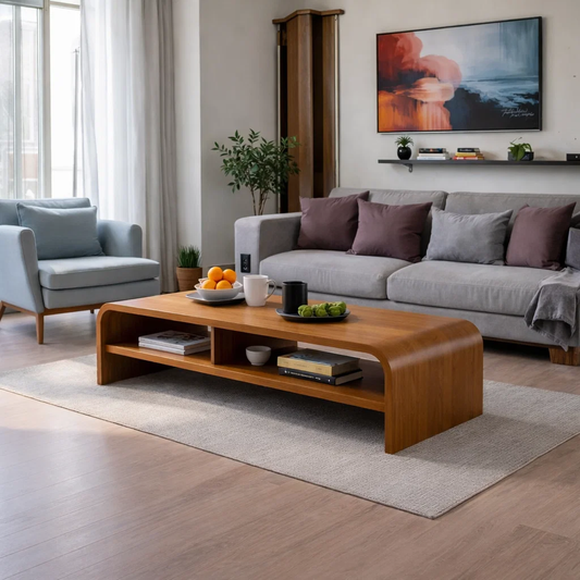 Solid Wood Waterfall Coffee Table with Open Shelf – Modern Minimalist Living Room Table