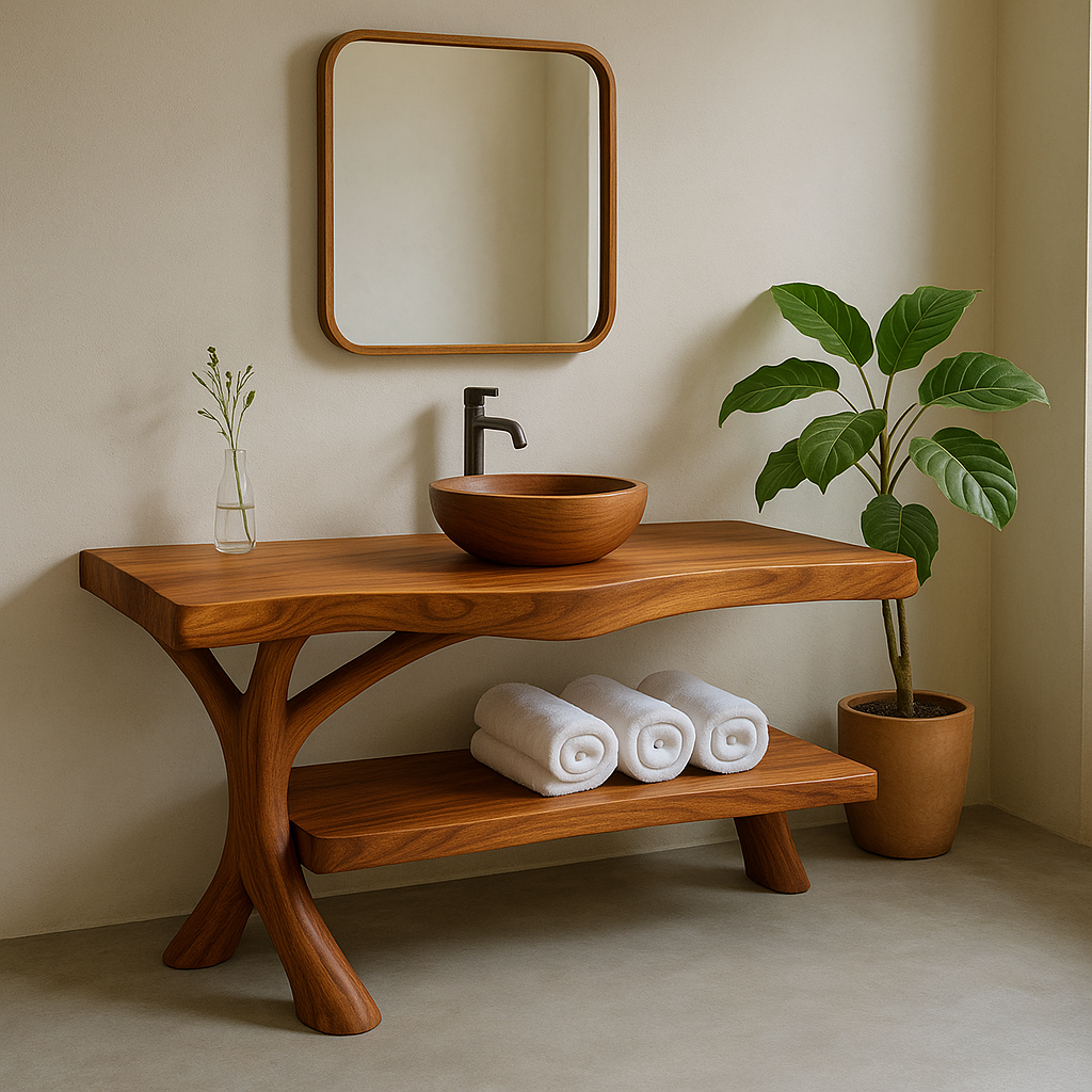 Handcrafted Solid Wood Bathroom Vanity – Organic Curved Design with Shelf for Towels Kitchnce