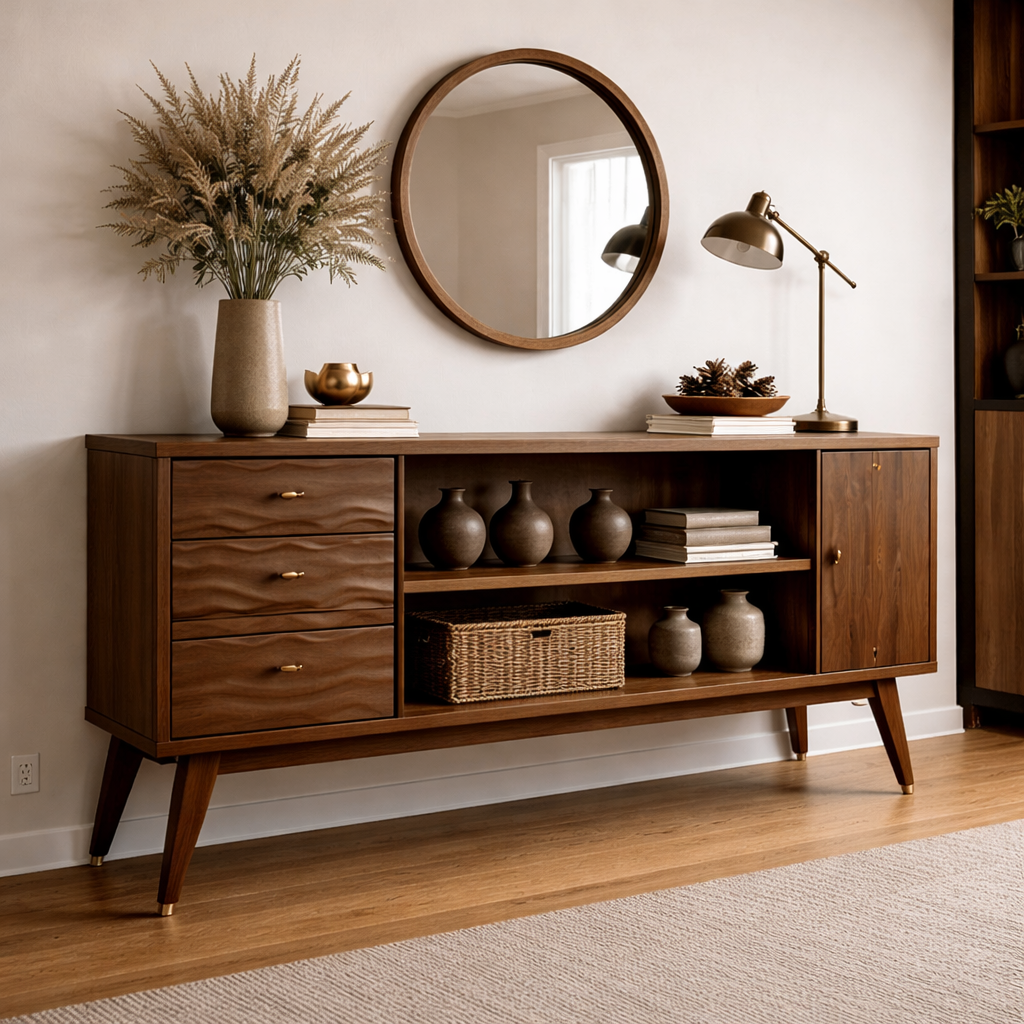 Mid-Century Modern Walnut Console Cabinet -Storage with Elegant Wave Design