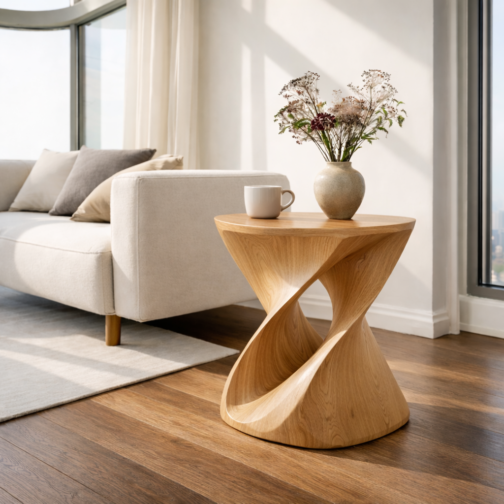 Modern Sculptural Solid Wood End Table – Artistic Curved Side Table for Living Room Kitchnce