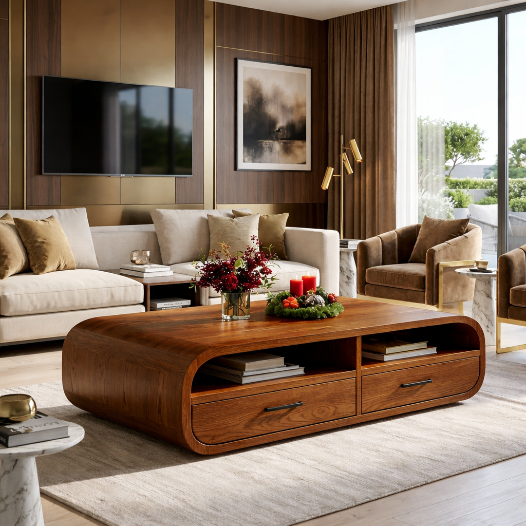 Modern Wooden Coffee Table with Drawers and Storage Space