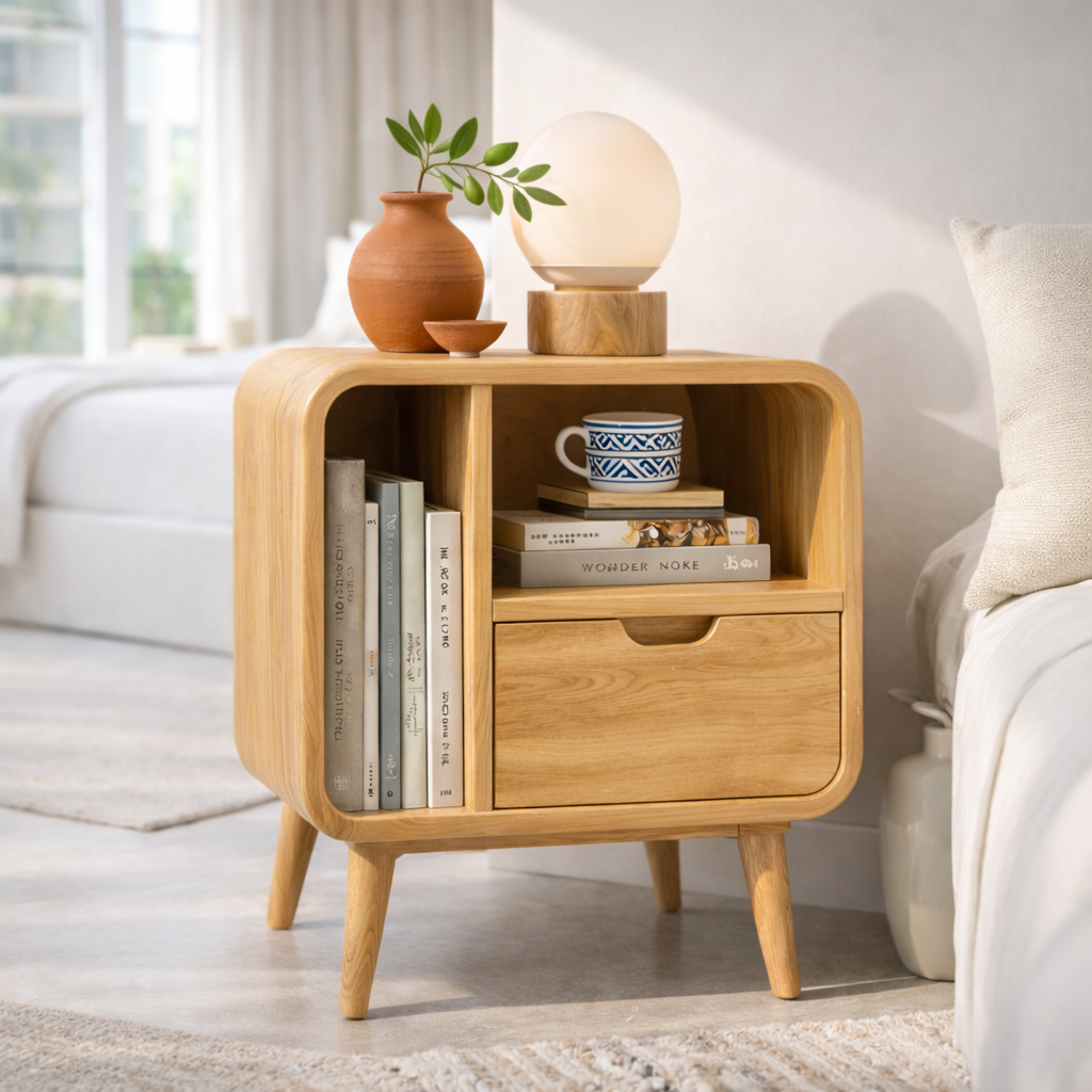 Mid Century Solid Wood Nightstand with Drawer & Shelf – Modern Bedside Table
