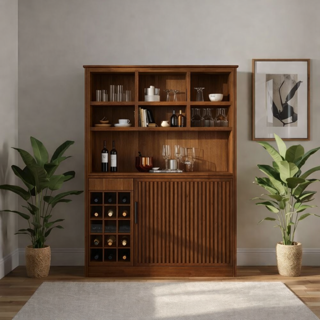 Handcrafted Solid Wood Wine Cabinet with Storage Shelves Modern Home Bar Furniture