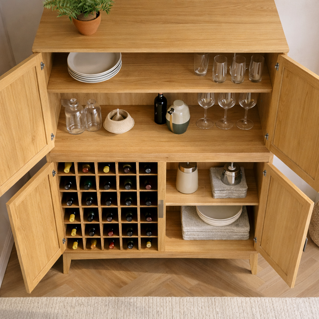Handcrafted Solid Wood Wine Cabinet with Bottle Rack and Storage Shelves