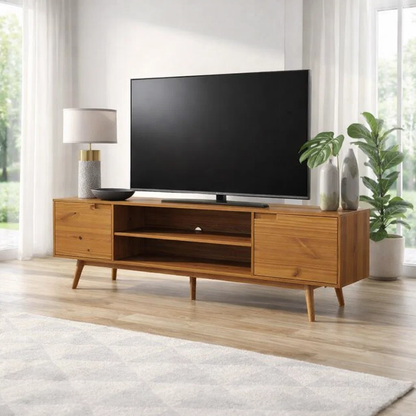 Solid Wood TV Console with Open Shelf & Cabinets – Modern Media Stand