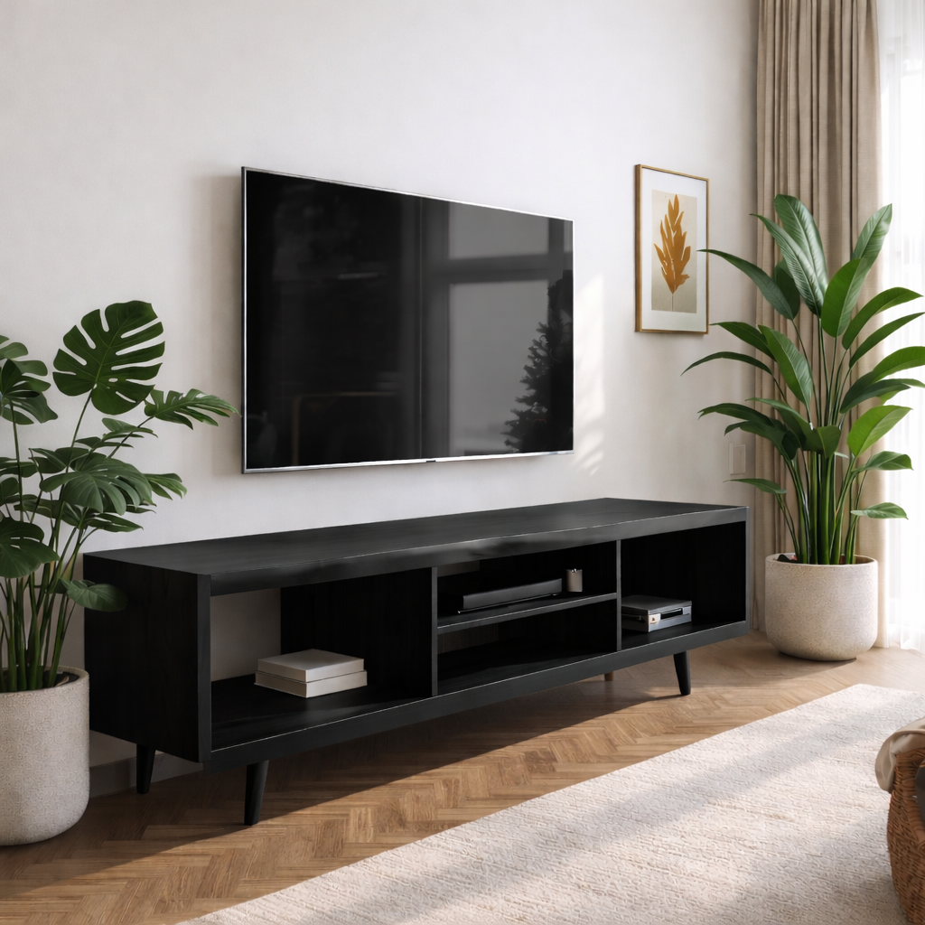 Walnut Mid Century Modern TV Stand Long Wood Media Console Minimalist Entertainment Center Kitchnce