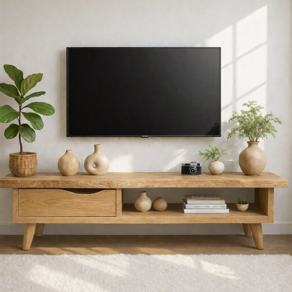 Handcrafted Solid Wood TV Stand with Drawer and Open Shelf, Mid Century Modern Media Console Kitchnce
