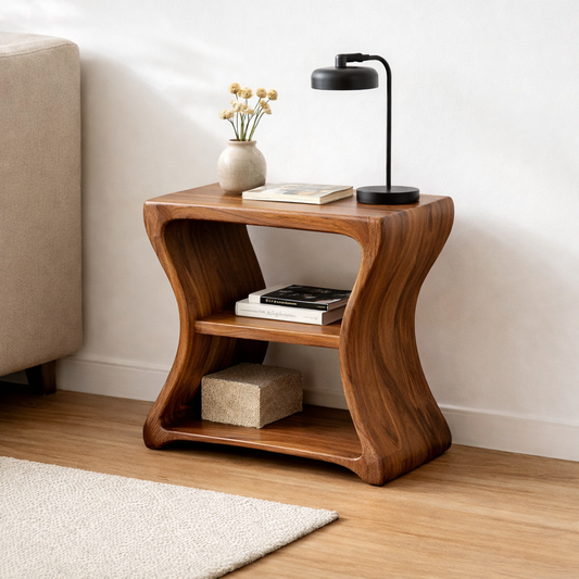 Solid Wood Curved End Table with Shelf – Natural Wooden Side Table for Living Room Kitchnce