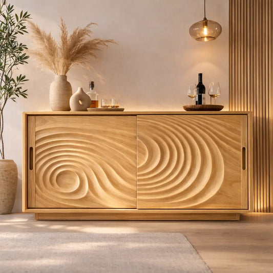 Solid Wood Console Table with Carved Wave Doors – Modern Sculptural Storage Cabinet Kitchnce