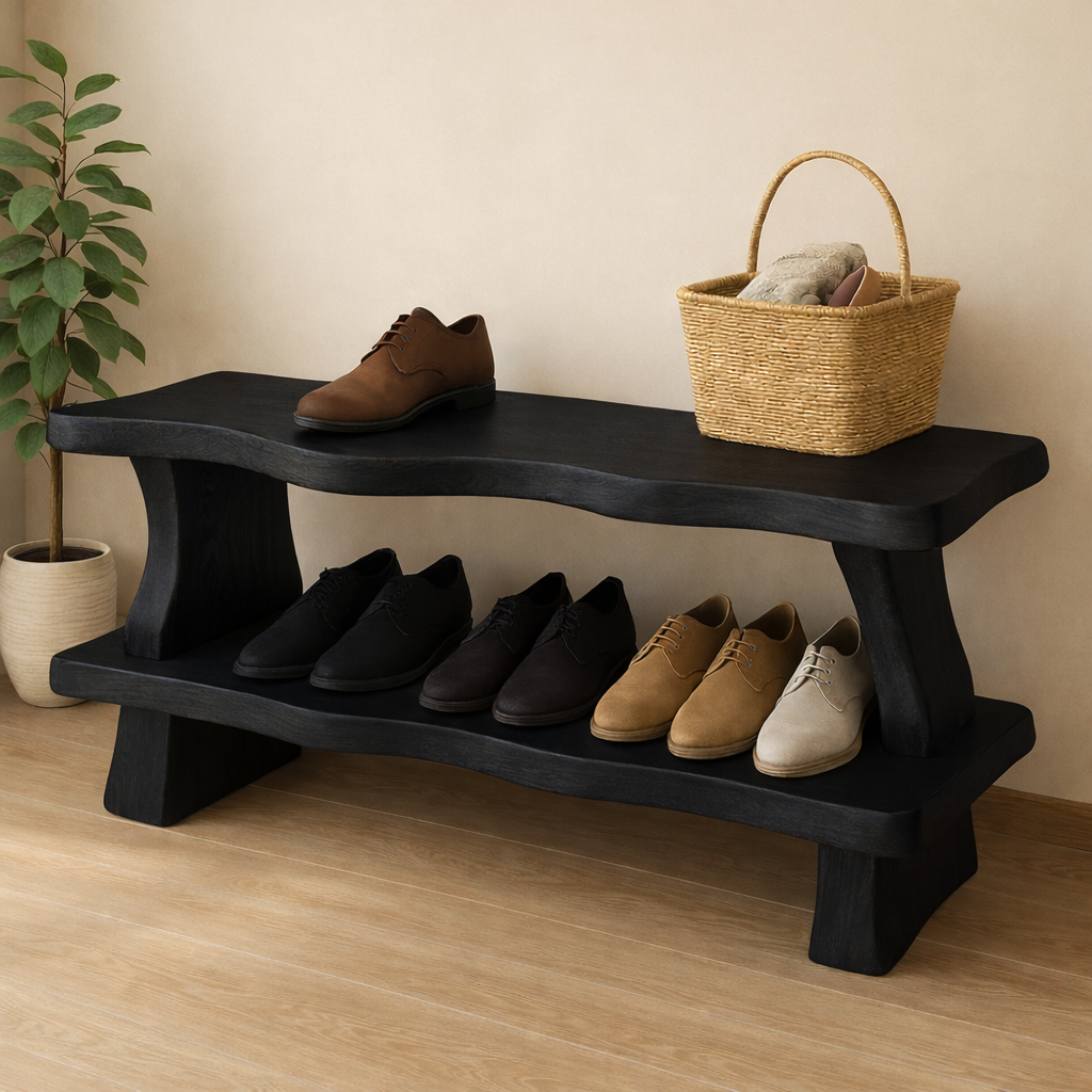 Rustic Wooden Shoe Storage Bench – Solid Wood Entryway Bench with Open Shelf Kitchnce