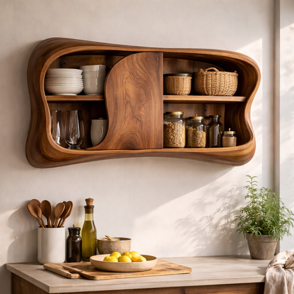 Modern Solid Wood Kitchen Cabinet with Curved Doors | Wall-Mounted Storage