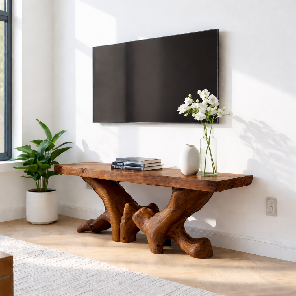 Rustic Solid Wood TV Stand Sculptural Media Console Natural Wood Entertainment Table Kitchnce