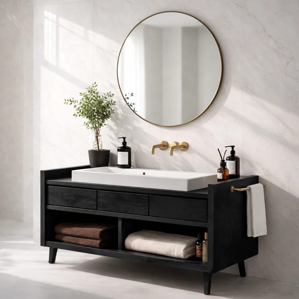 Solid Wood Bathroom Vanity Cabinet with Open Shelf – Rustic Modern, No Sink