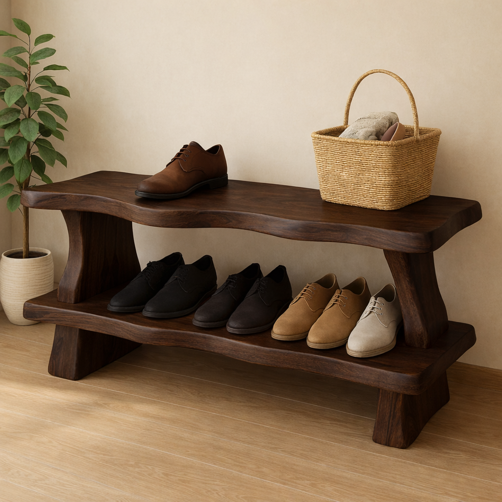 Rustic Wooden Shoe Storage Bench – Solid Wood Entryway Bench with Open Shelf Kitchnce