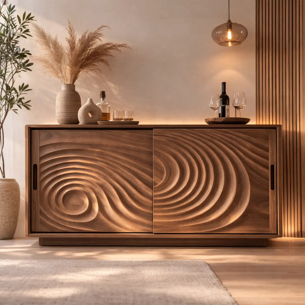 Solid Wood Console Table with Carved Wave Doors – Modern Sculptural Storage Cabinet Kitchnce
