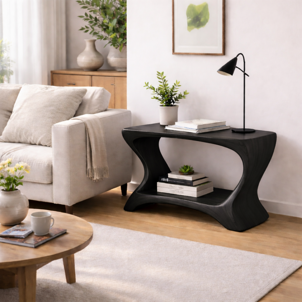 Modern Solid Wood End Table with Shelf – Curved Wooden Side Table for Living Room Kitchnce