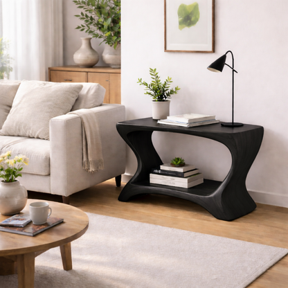Modern Solid Wood End Table with Shelf – Curved Wooden Side Table for Living Room Kitchnce