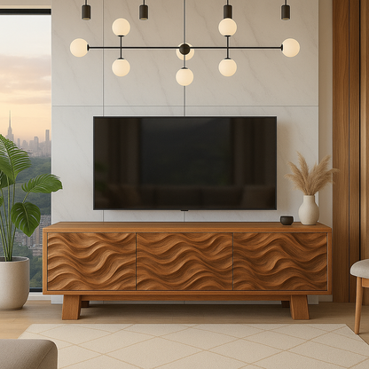 Solid Wood TV Stand Modern Walnut Media Console with Wave Front Storage Cabinet