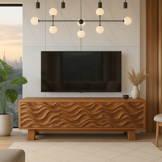 Solid Wood TV Stand Modern Walnut Media Console with Wave Front Storage Cabinet