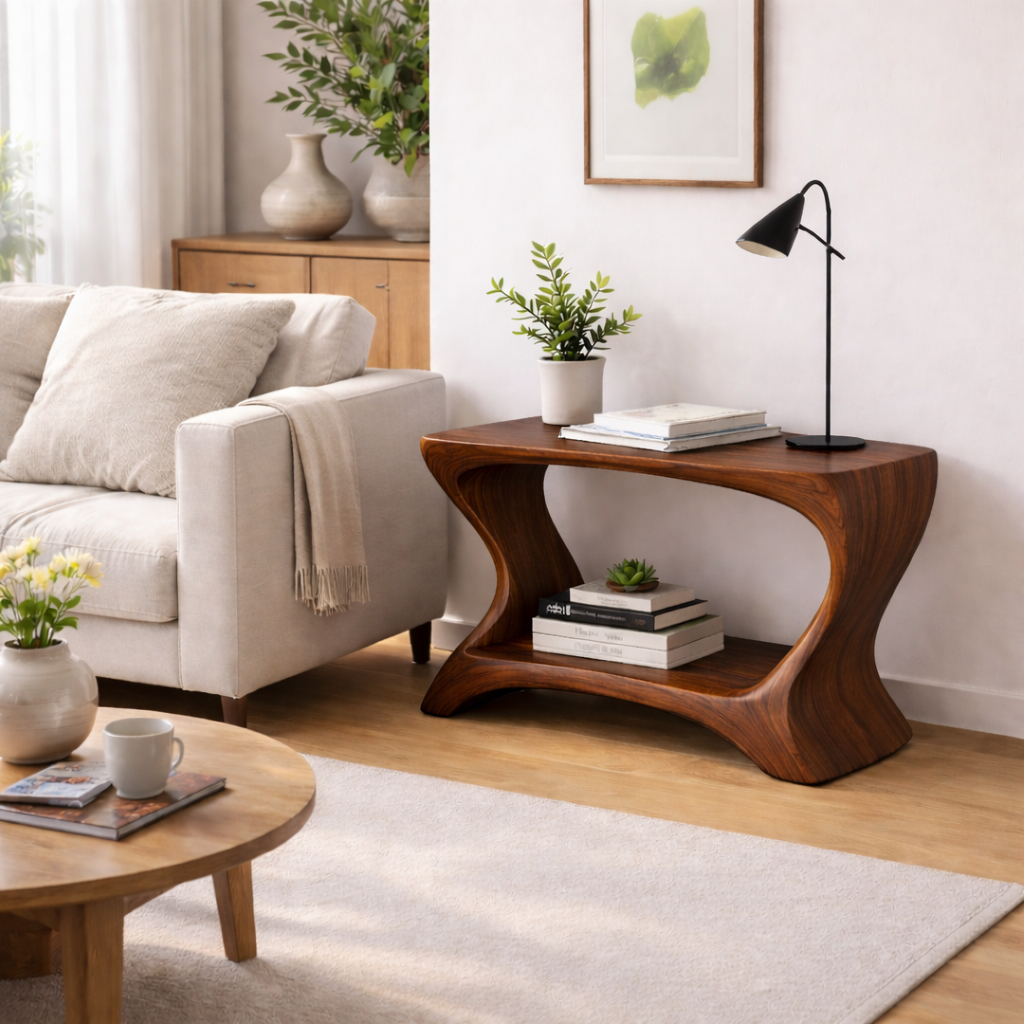 Modern Solid Wood End Table with Shelf – Curved Wooden Side Table for Living Room Kitchnce